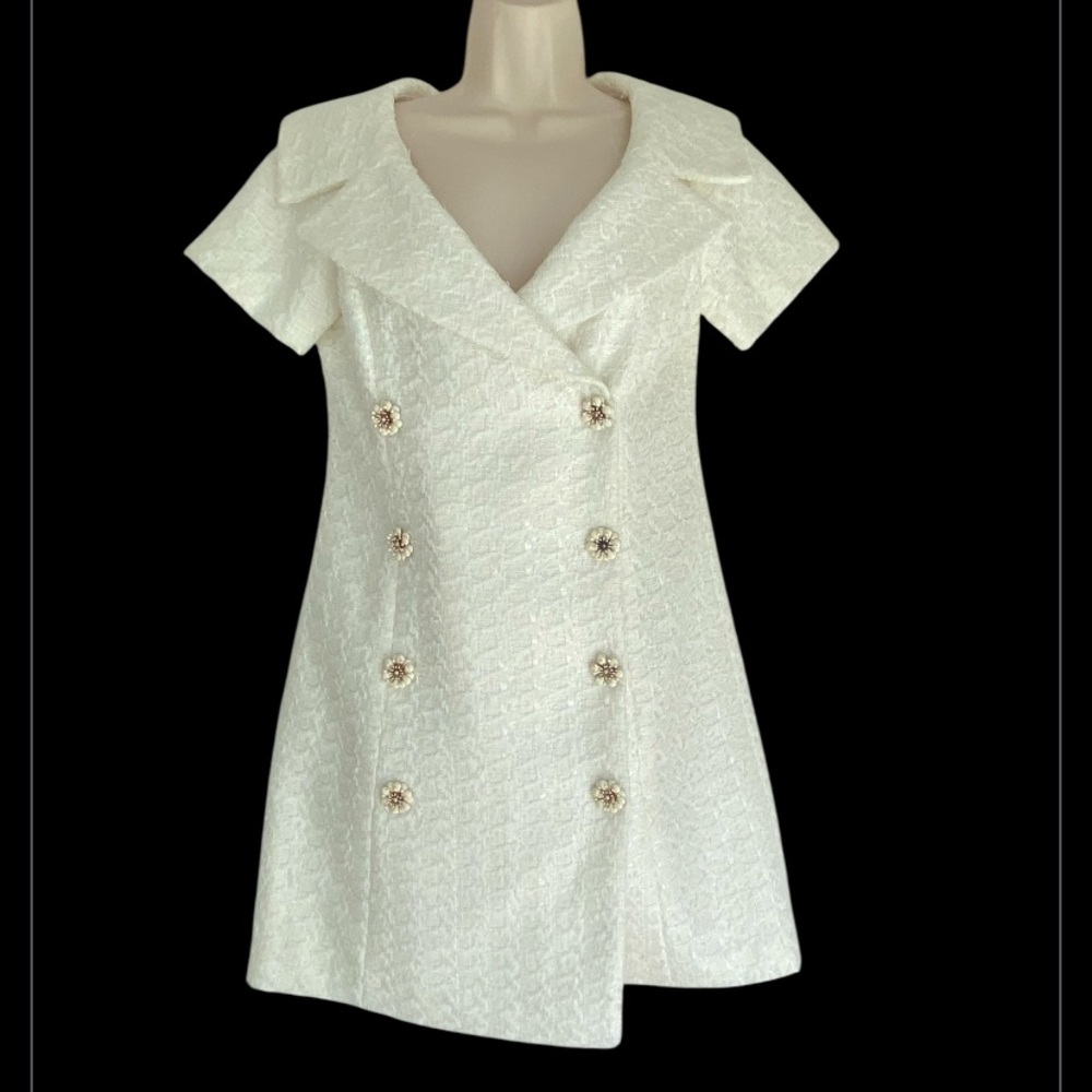 Boston Proper Cream Tweed Double Breasted Jacket Dress 4 Decorative Buttons 4 - Picture 2 of 8
